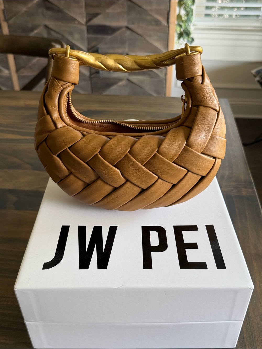 JW PEI Tan Woven Mini Shoulder Bag with Gold Twisted Handle